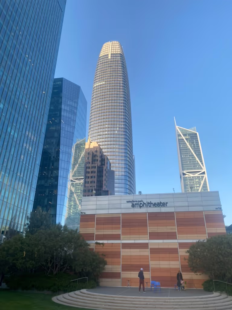 Looking up at the Salesforce Tower from the Elevated Park